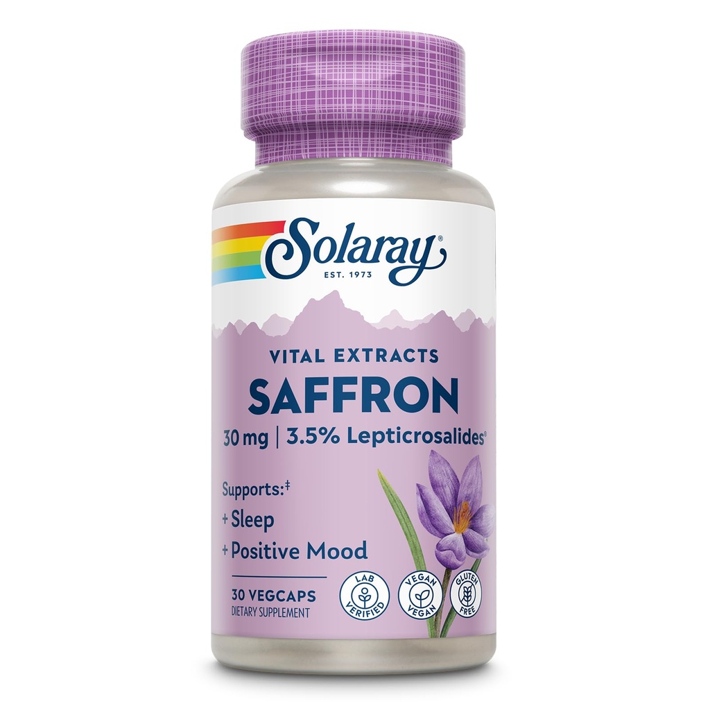 SOLARAY Saffron 提取 - 睡眠和积极摩擦支持 - Vegan 和 Gluten 免费沙发补充 - 实验室验证 - 60天保证 - 30名服务员,30名Veg Caps