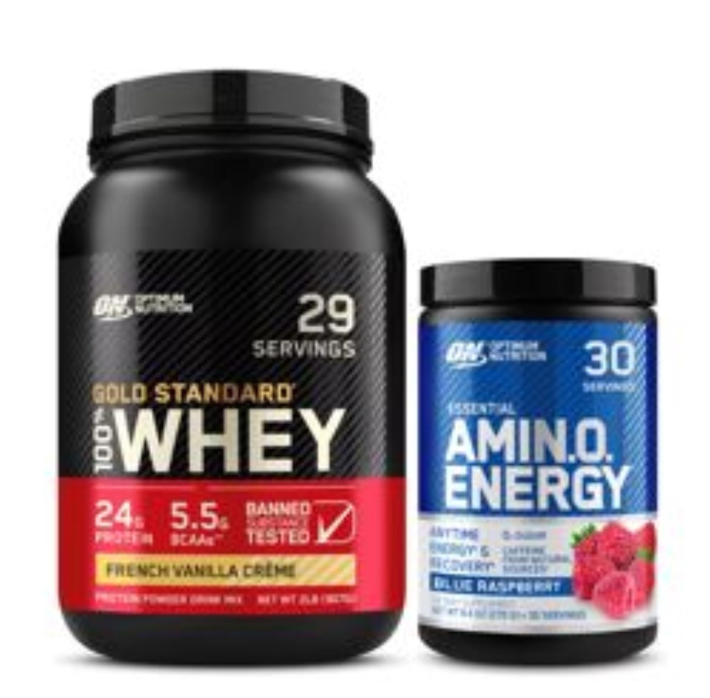 Optimum Nutrition Dynamic Duo Bundle: Amino Energy, Blue Raspberry (30 Servings) and Gold Standard 100% Whey Protein Powder, French Vanilla Creme (29 Servings)