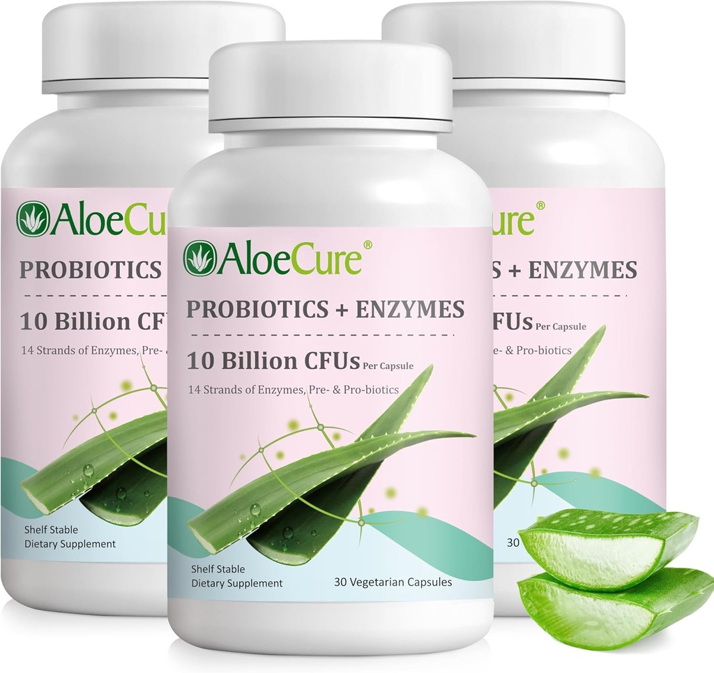 AloeCure Daily Probiotics 10亿CFU 用于消化支持 8 Strains, 6 Prebiotics & Ezymes - 与女性和男性的布洛梅兰的消化补充 - Gut支持,消化救济, 30 Caps x 3btls