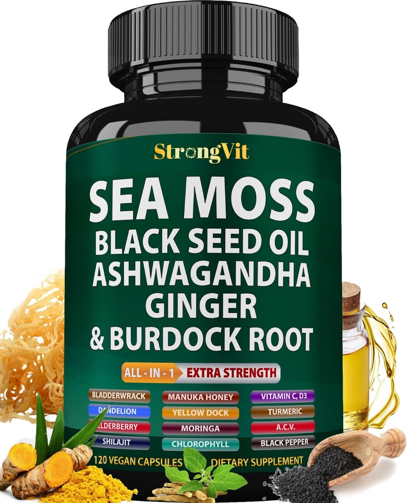 Sea Moss 黑种子油 Ashwagandha Ginger,有机海 Moss Capsules with Burdock Root,爱尔兰Seamos Pills with Bladderwrack, Turmeric, Shilajit, 多矿物质补编, 美国(120 Capsules)