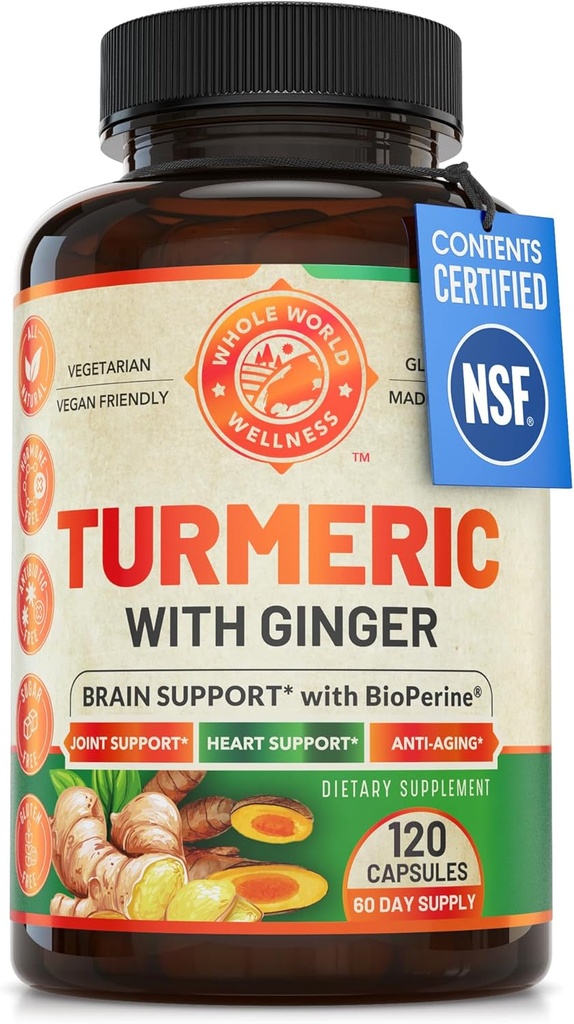 有机Turmeric Crucumin with Ginger & Black Pepper, 2 个月供应. 支持心脏健康,脑健康和联合健康. 马克斯吸收图尔克补充. NSF认证,美国制造. 120卡普尔。
