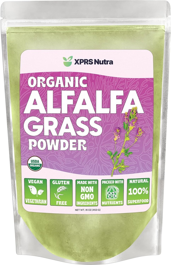 XPRS 努特拉有机阿尔法尔法粉 - Premium Vegan 富含钙,抗氧化剂,维生素 - 儿童与成年人农民补充剂 - Vegan 友好阿尔法尔法叶(16 Ounce)