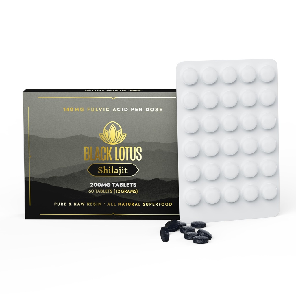 黑莲花 Shilajit Resin 片,60个计数,200 mg 每人, 纯天然 Shilajit 100% 含氨基酸的男女, 140 mg Fulvic 酸, 85 Ionic Trace 矿物, 用于 免疫支持, 聚焦, 能源
