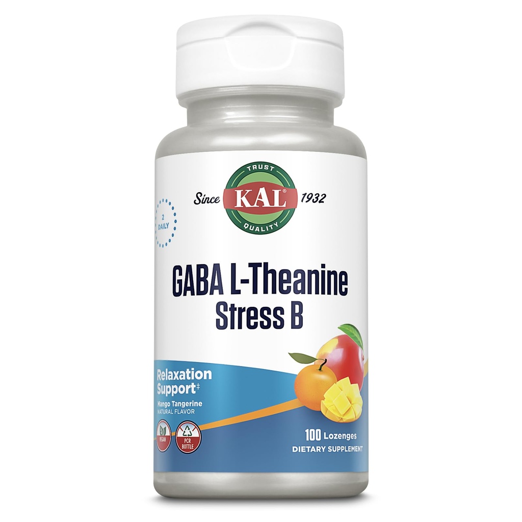 KAL GABA L-Thenine压力 B Lozenge, B 复合维生素补充, 健康放松, Mood & Focus 支持, Natural Mango Tangerine Flavor, Vegan, 50 services, 100 Lozenges