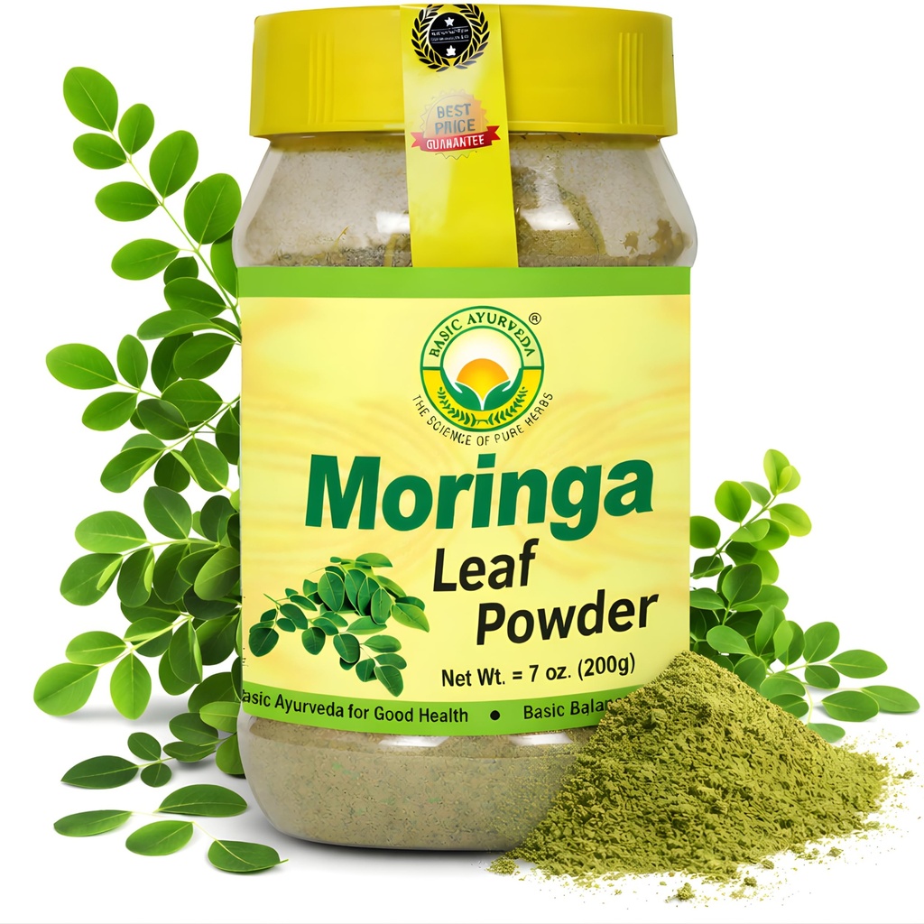 BASIC AYURVEDA 莫林加叶粉 - 7.05 Oz(200g) QQ Fine Green Superfood Powder 抗氧化剂富含, Vegan & Gluten-Free 纯干莫林加用于平滑,茶叶,果汁和烹饪