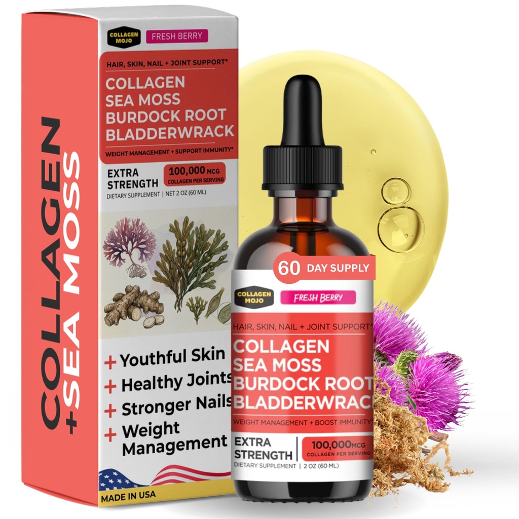 Collagen Mojo - 男女液体Collagen,Collagen Peptides with Sea Moss, Burdock Root & Bladderwrack - 头发,皮肤,钉子,联合支持,体重管理,高吸收 - 100,000mcg,2 Oz