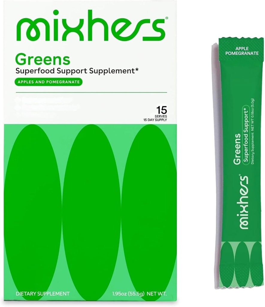 MIXHERS Hergens - Greens & Veggie Powder - 由全美食品制成 - 带有消化酶 & Kale - 女性营养设计 - 支持心与生命 - 15 饮料包 - 苹果 & 石榴