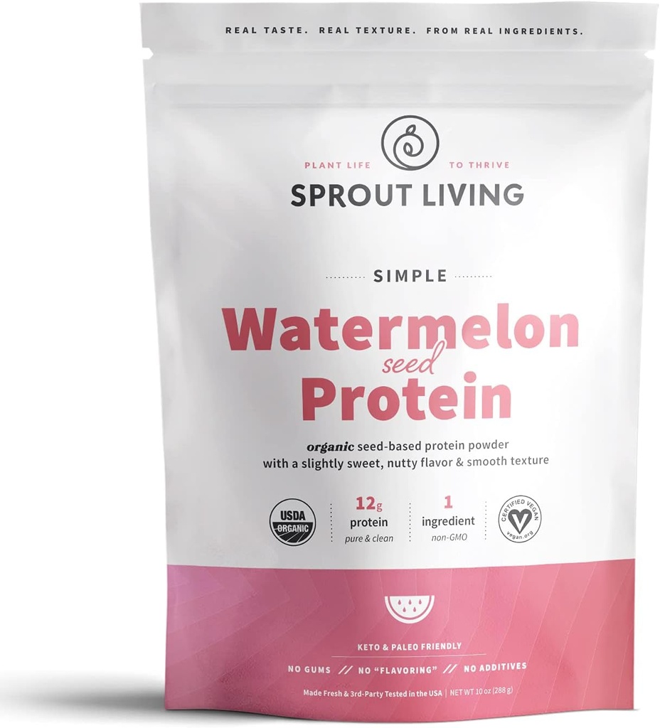 Sprout Living Simple Watermelon Seed Protein Powder, 12 Grams Organic Plant Based Protein Powder Without Artificial Sweeteners, Non Dairy, Non-GMO, Vegan, Gluten Free, Keto Drink Mix (10 oz)