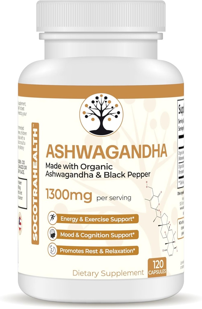 Ashwagandha 与黑辣椒加固吸收 - 经认证的有机、非GMO、无Gluten - 支持Mod和能源、支持休息和放松 - 120 Vegan Capsules