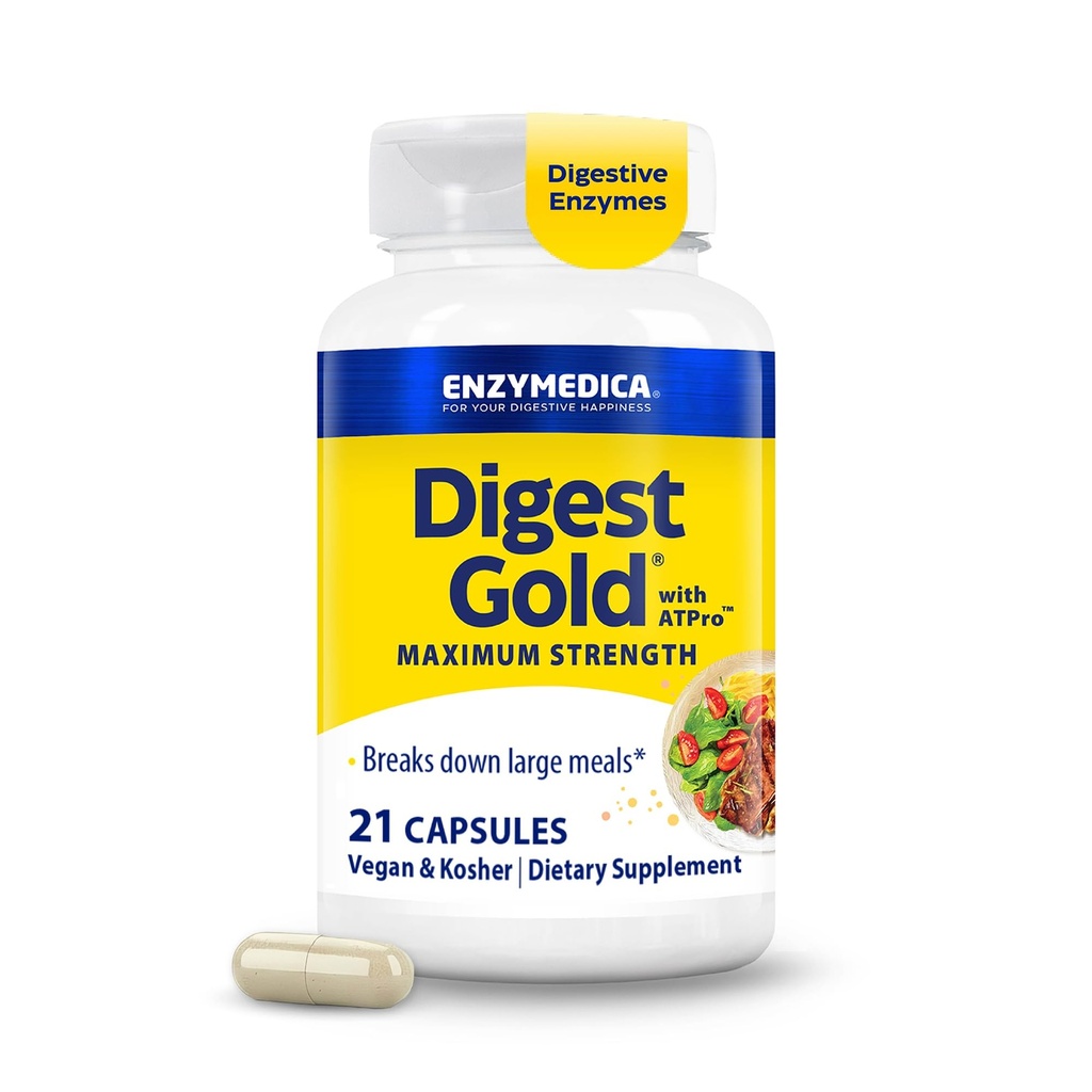 Enzymedica Digest Gold + ATPro, 最大强度酶公式, 防止凝聚和气体, 14个关键酶, 包括Amylase, Protase, Lipase和Lactase, 21 Capsules (FFP)