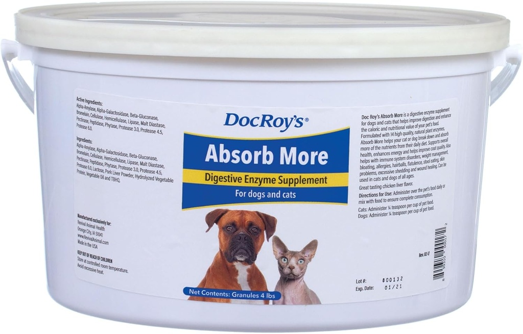 Doc Roy's Absorb More - 消化酶补充 - 狗和猫 - 4lb Granules