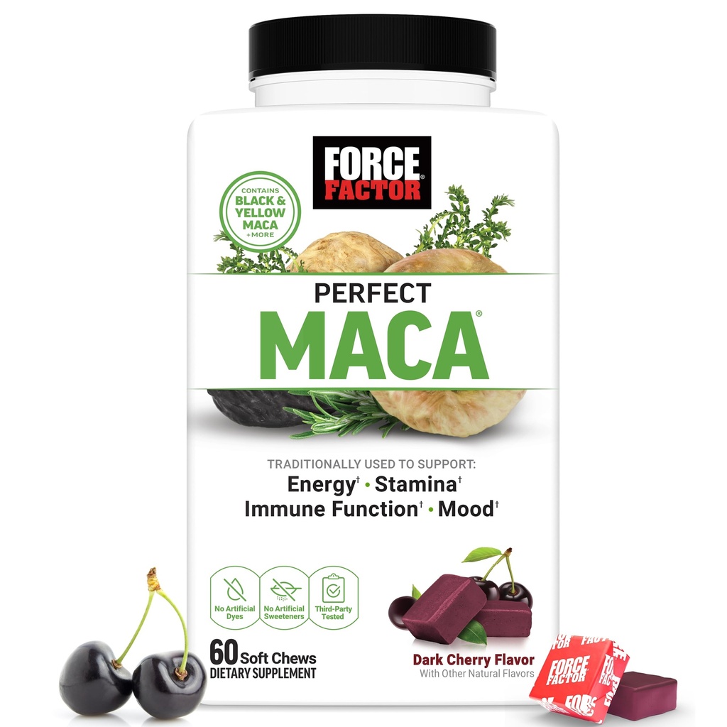 FORCE FACTOR Perfect Maca, Maca Root和DIM 配有萨夫龙对促进能量和Mood,配有黄黑马卡,维他命,矿物,以及抗氧化剂,暗樱桃火焰,60软楚普