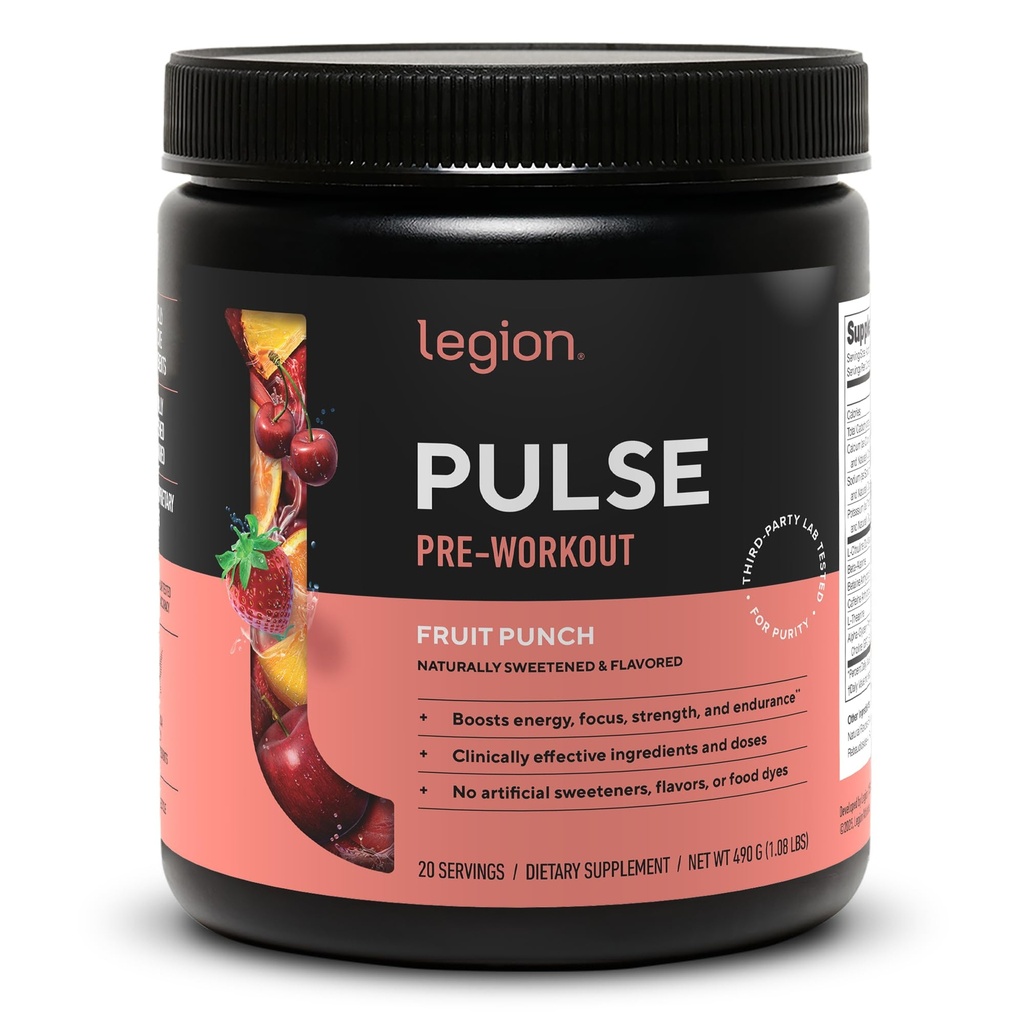 LEGION Pulse Pre Workout 补充 - 所有天然硝氧氧化物预处理饮料到布尔斯特能量,Creatine自由,自然甜化,Beta Alanine,Citrulline, Alpha GPC (Fruit Punch)
