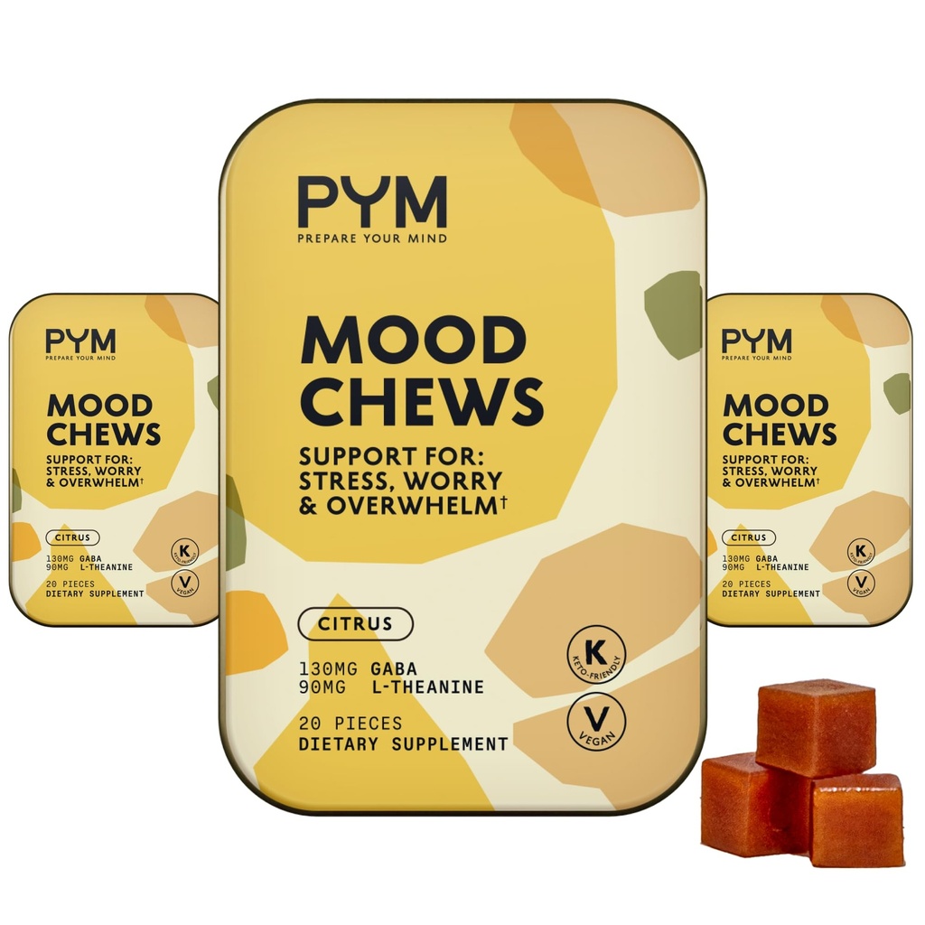 PYM Citrus Mood Chews Support for Stress, Worry & Overwhelm, 60 Count | 130mg GABA, 90mg L-Theanine | Vegan, Non-GMO, Gluten-Free, No Added Sugar | All-Natural Mood Support Supplement Made in USA