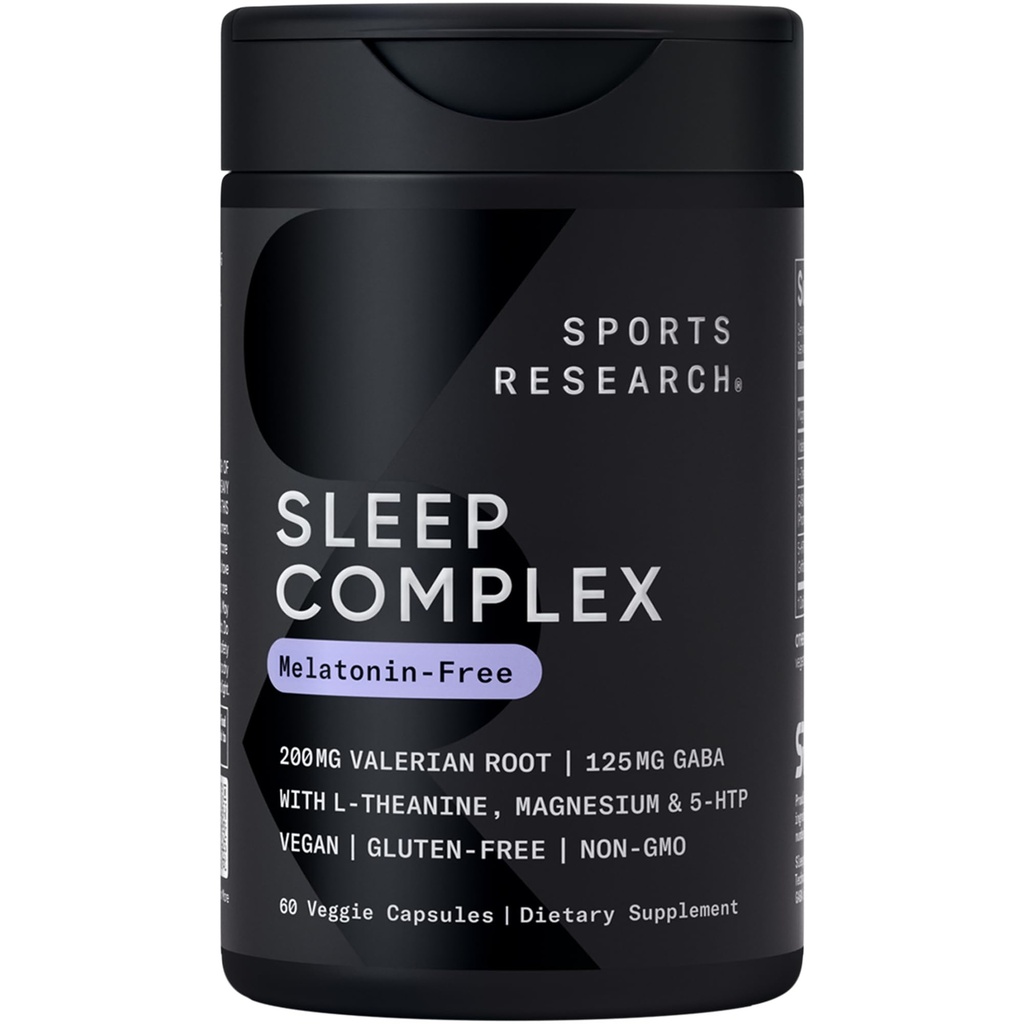 运动研究 • 睡眠综合体- 美拉图宁- 自由 Vegan Capsules - 配有 Valerian Root, GABA, L- Theanine, Magnesium & 5-HTP - 30名服务员