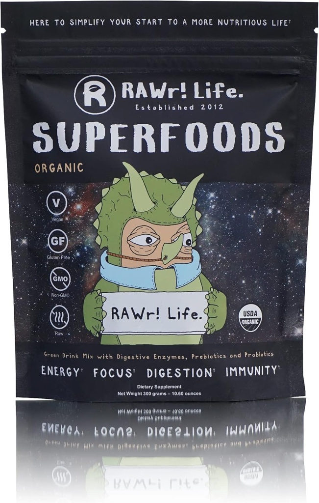 瑞尔! 超级食品 - w 消化酶 Probiotics & Prebiotics 绿色饮粉 - 认证有机体 - 由Pro Skateboarder John Motta & Pro BMXer/Rare水果种植者Joey Motta创建