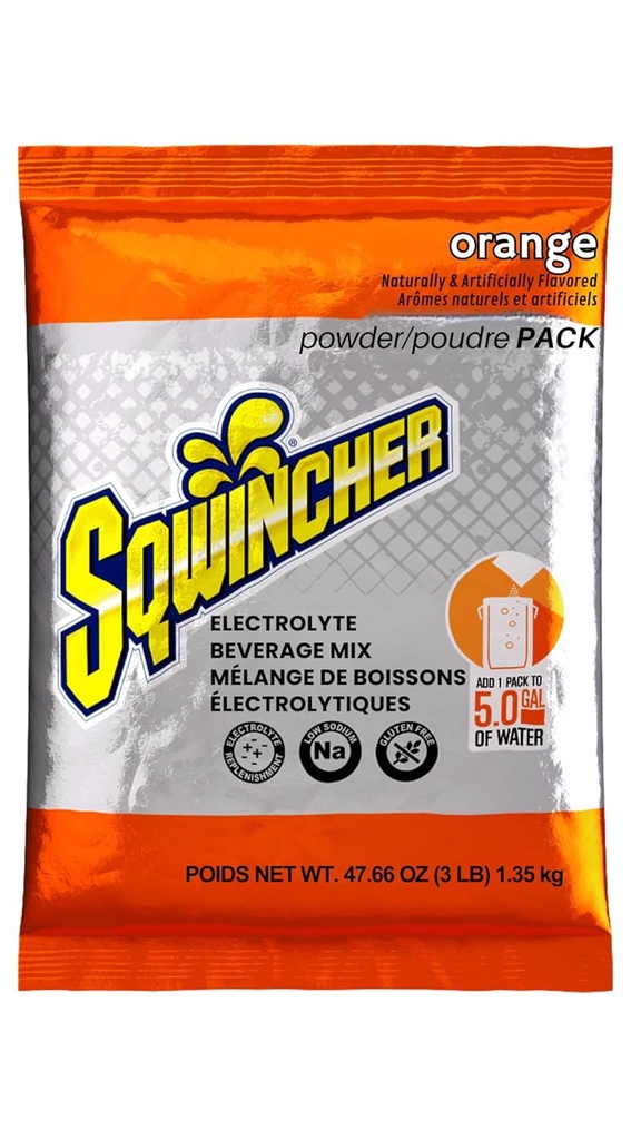 Sqwincher Powder Pack = Orange Flavored = = 低卡路里 = 低钠 → 电解液 补充水分 水分 = 仅添加到5 Gallons of Water = = 47.66 oz 包(包为 16)