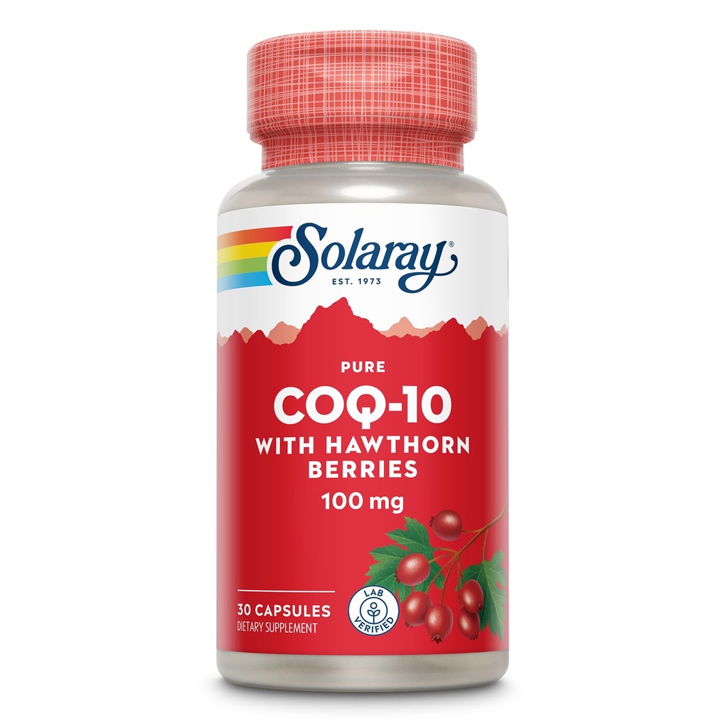 Solaray Pure CoQ10 100 mg 配Hawthorn Berry, 配Ecynzyme Q10和维生素E的抗氧化剂配方,用于细胞能量和心脏健康支持,实验室验证,60天保障,30次服务,30次卡普尔