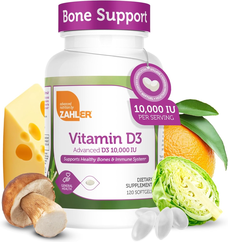 Zahler - 高级维生素D3 10,000 IU Softgels (120 Counter) 科舍尔蔬菜友好维生素D 支持免疫,骨骼,牙齿和肌肉健康 - 成人每日D3维生素补充剂 - 轻松燕子