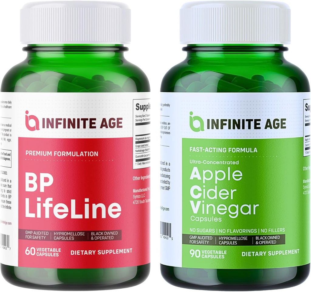 INFINITE AGE Wellness Bundle - BP Lifeline Heart Health Support Suppose 1030mg, Apple Cider Vinegar Capsules 1950mg - 美国制造