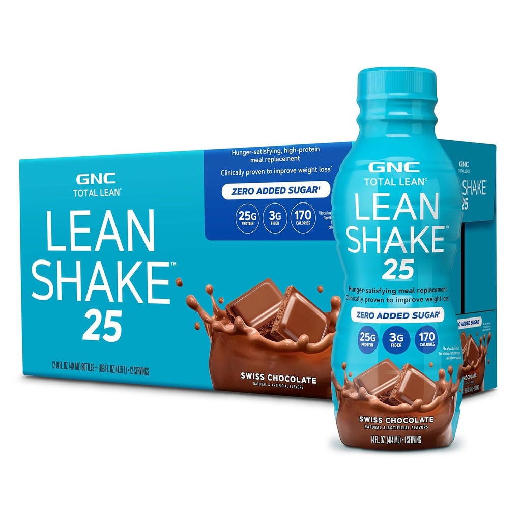 GNC Lean Shake 25 protein Shake,临床证明重量管理,食用替代,25g 蛋白质配零加糖,准备饮用,瑞士巧克力,包12