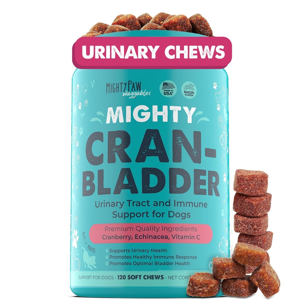 威猛的Paw Waggables Cran-Bladder(美国马德) QQ Vet 配制的Cranberry 配给狗的配给 – Cranberry 配给狗的配给 – Urinary Tract & Bladder 支持 , Bacon Flavored, 120 Soft Chews