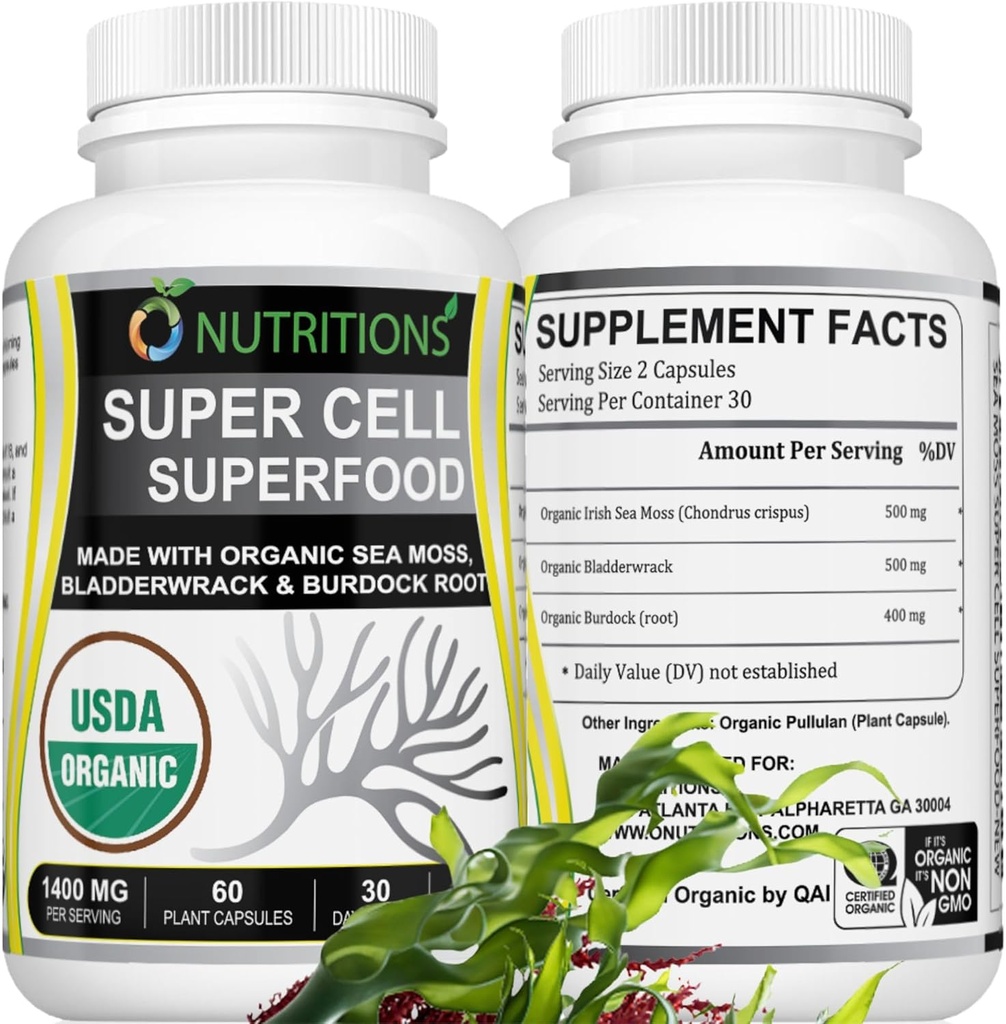Sea Moss 60 Capsules USDA 认证的爱尔兰有机海 Moss Capsules 配有 Bladderwrack & Burdock Root – 对男女的免疫支持补充 女性维生素和男性维生素(1包)