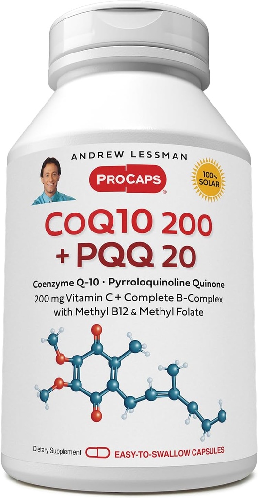 AndreW Lessman Coenzyme Q-10 200 P+ PQQ 20mg - 120 Capsules - 维护CoQ10级,最佳手机能量,支持能量生产,心脏,大脑,肝脏,肾脏,Pancreas. 无附加