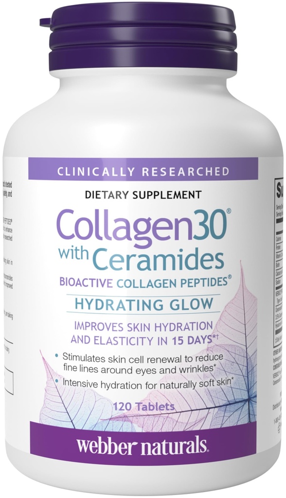 Webber Naturals Collagen30 配有 Ceramides, Bioactive Collagen Peptides, 120 片, 水合胶, 帮助改善皮肤水分, 弹性和光滑, 非转基因、 奶制品和无胶质