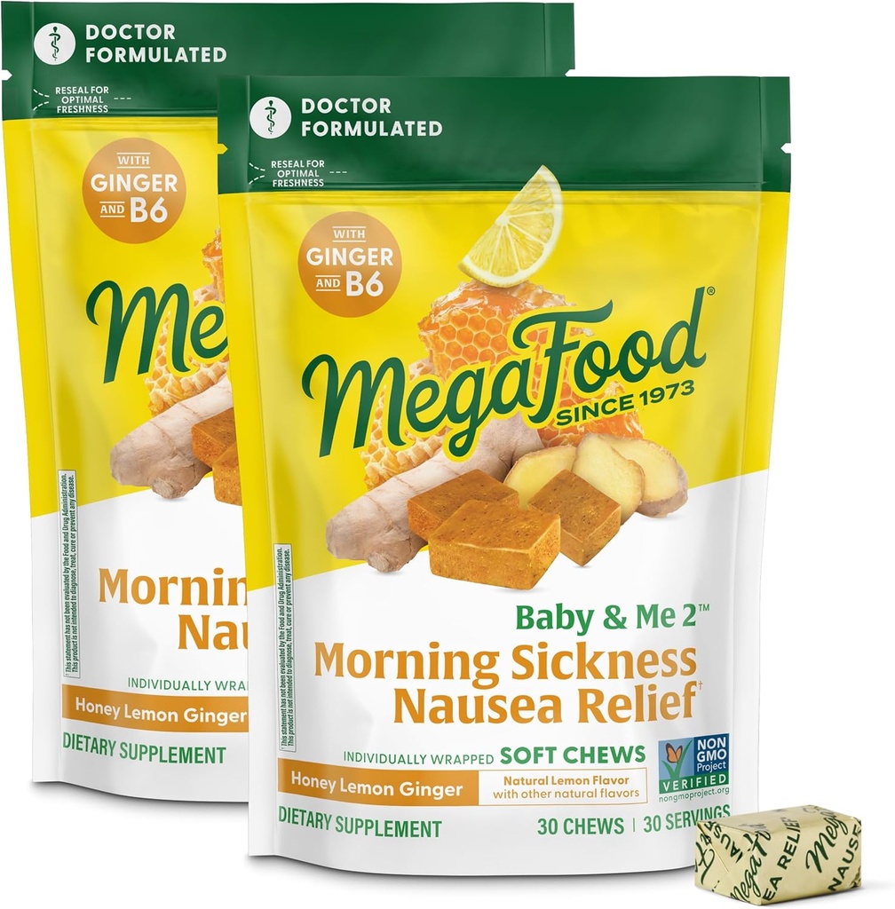 MegaFood Baby & Me Prenatal Morning Sickness Relief, Ginger Chews, with Vitamin B6, Made Without 9 Food Allergens, Honey Lemon Ginger Flavor, 30 Chews (Pack of 2)