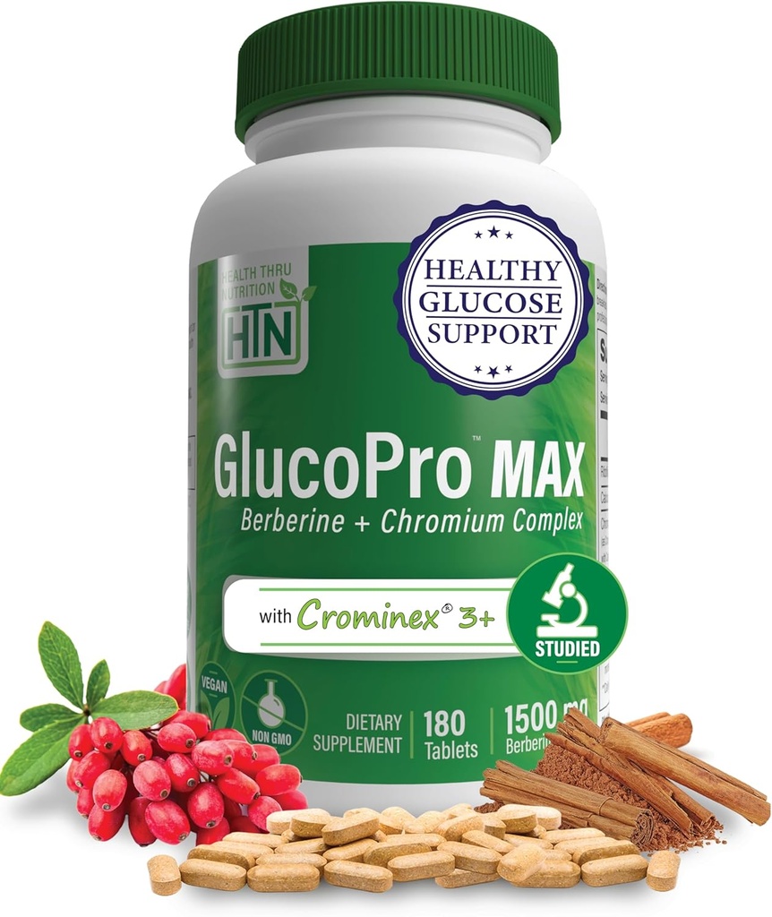 健康Thru营养GlucoPro Max - 含1500mg Berberine,Chrominex + Chromium,以及1000mg Cinnamon → Vegan, Non-GMO, Gluten Free → 包装180