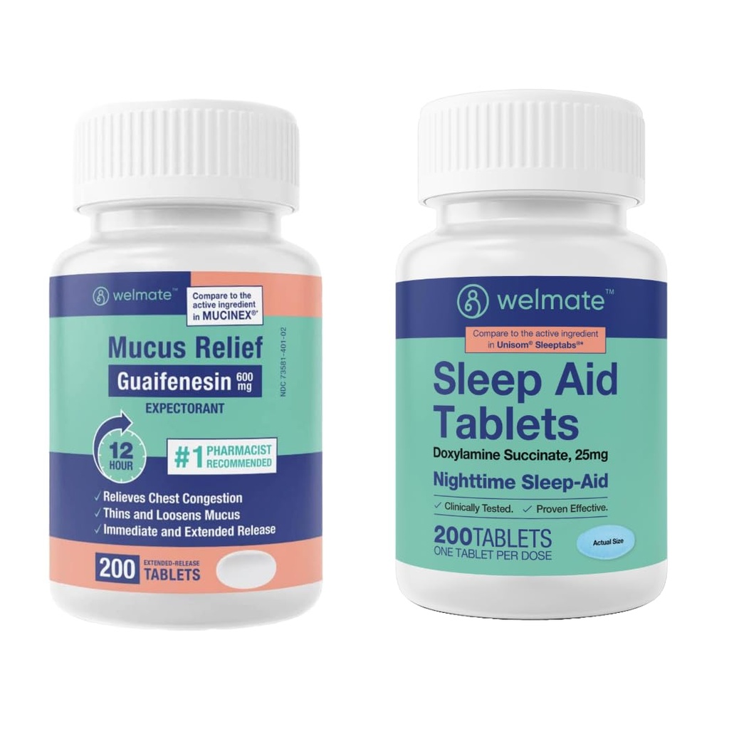 WELMATE 夜间健康包:Mucus Relief Guaifenesin 600mg Mucus Relief(200Ct) & Doxylamine Succinate 25mg 睡眠援助(200Ct) & 安息睡眠扩展救济