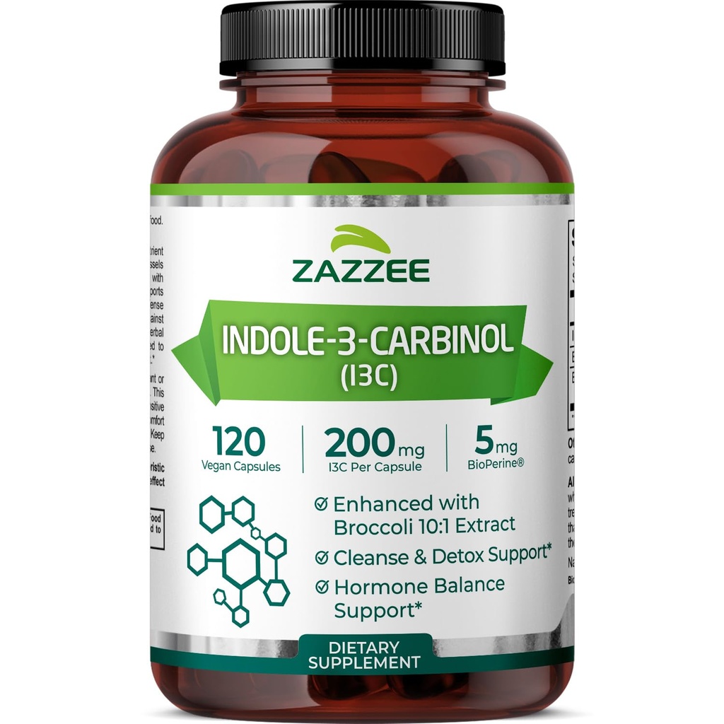 Zazzzee 高吸收因多尔-3-卡宾醇(I3C),每卡普尔200毫克,120 Vegan Capsules,4个月供应,5毫克生物牡蛎用于增强吸收,100%蔬菜、全自然和非GMO