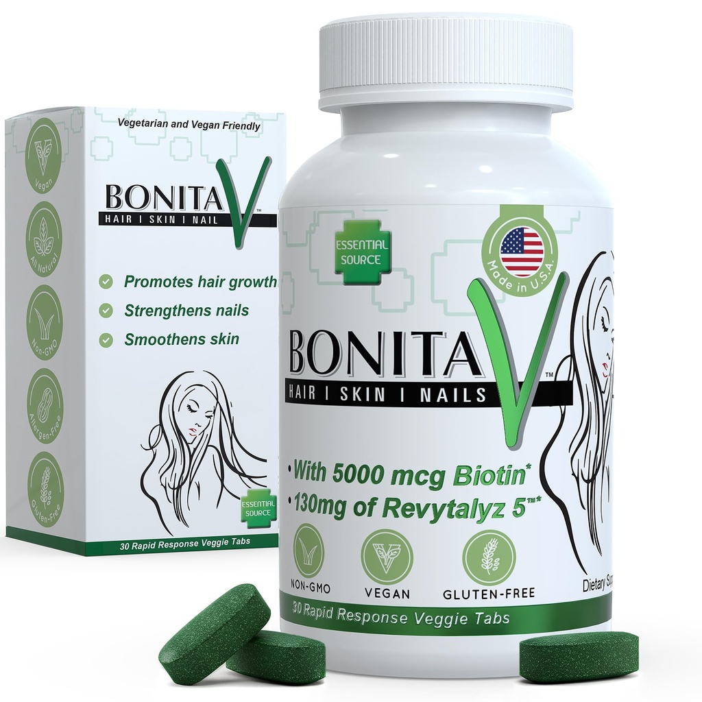基本源生素(Biotina Vitaminas) - 女性和男性的毛皮直肠维生素 - 5000 mcg - 头发生长支持补充剂 - 30 片 - 配有 Revytalyz 5,维生素A,C,B12 - 在美国制造