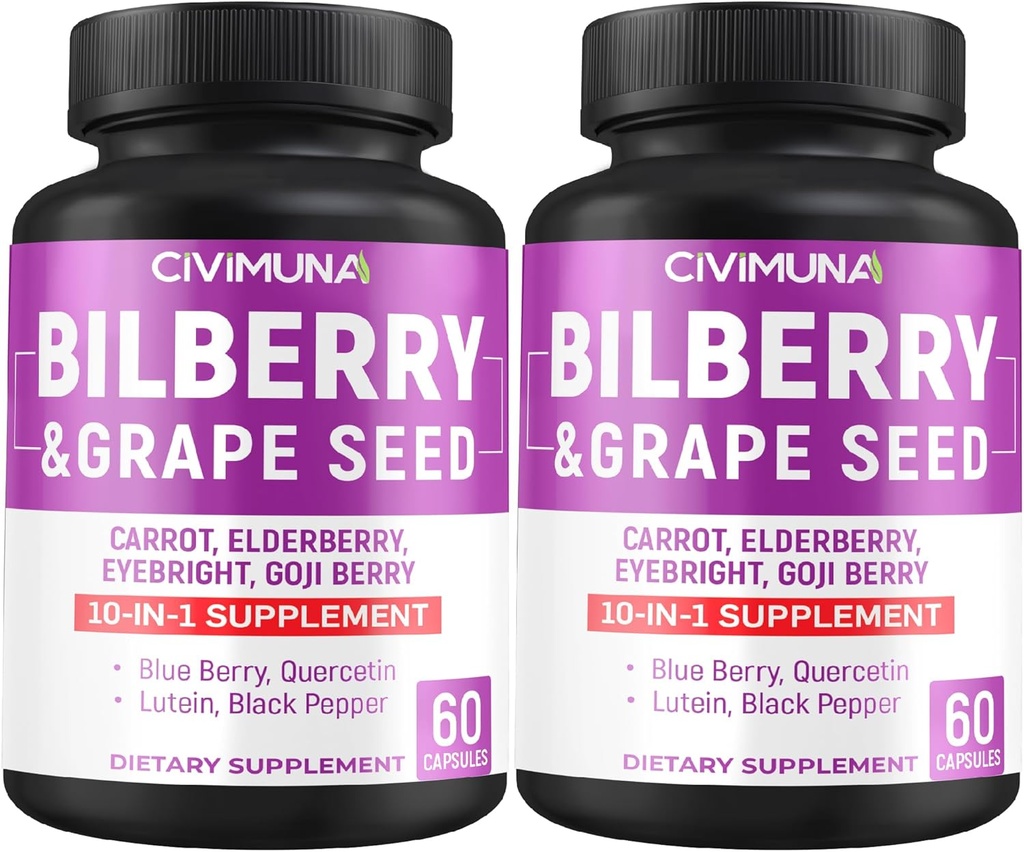 Bilberry Capsules配有Bilberry、葡萄种子、胡萝卜、长老莓和更多 -- -- 120 Capsules forr 4个月供应(包2)