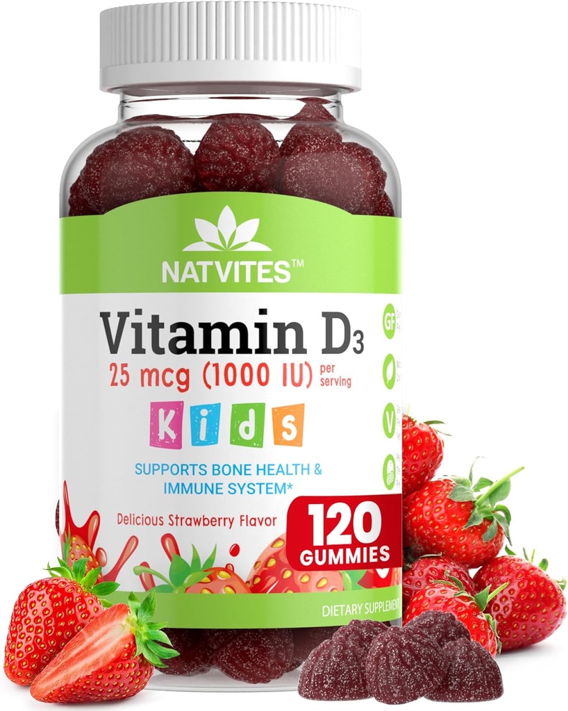 儿童维他命D3 Gummys - 维他命D1000 IU Pectin Gummy - 草莓火焰 - 骨质健康和免疫支持补充 - 非GMO, Gluten Free, Vegan, Nut & Dairy Free - 120 Counter (Pack of 1).