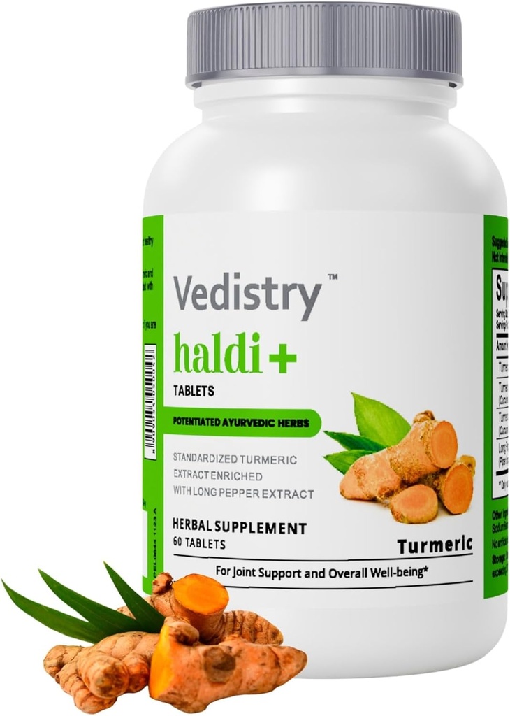 Haldi+ 850 mg 圆形圆片,95% Crucumin & Long Pepper → 60 块 最大吸收量 → Vegan 草药补充量 → 包装量 1
