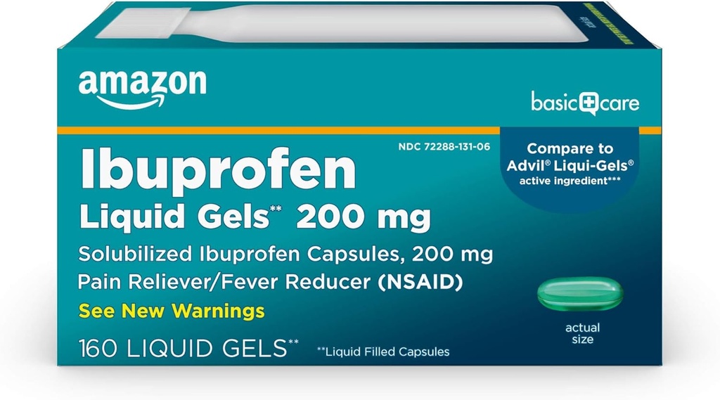 基本护理 Ibuprofen 液态宝石 200 mg, 疼痛解脱剂/降火剂液 填充瓶盖,用于头痛、牙痛、背痛、月经结扎和更多160个计数