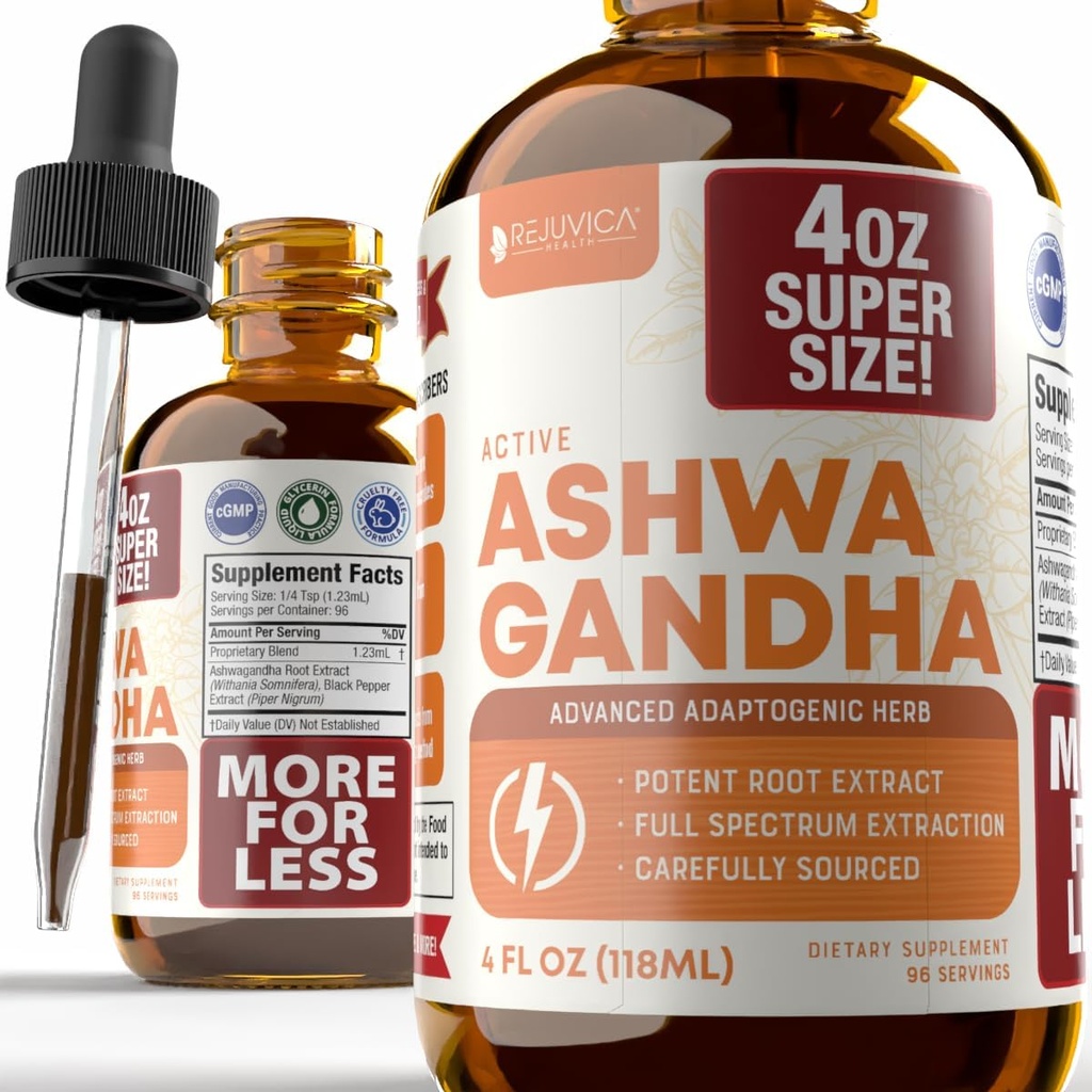 Rejuvica Health Ashwagandha 4oz XL 超大尺寸 - 高级液体补充剂 Tincture - Withania Somnifera 提取滴 - Ashwagandha Roots - 自然产生 Wisanolides