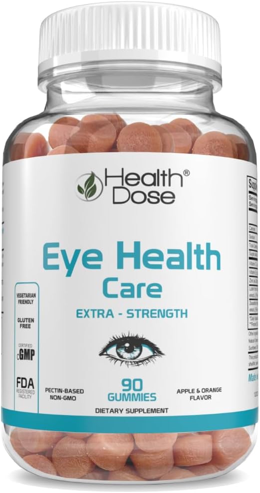 健康剂量眼保健维生素与Lutein Zeaxanthin支持眼草原,干眼和视觉性能苹果和橙色Flavor 90 Gummys.