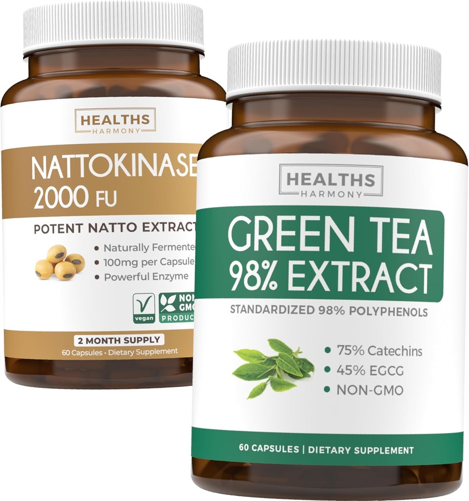 Nattokinase & Green Tea (1-Month Supplement) 能源靴子包 - Nattokinase 2000 FU 强力天然发酵大豆 (60 Caps) & Green Tea 提取 98% 与 EGCG (Non-GMO) 天然代谢靴子