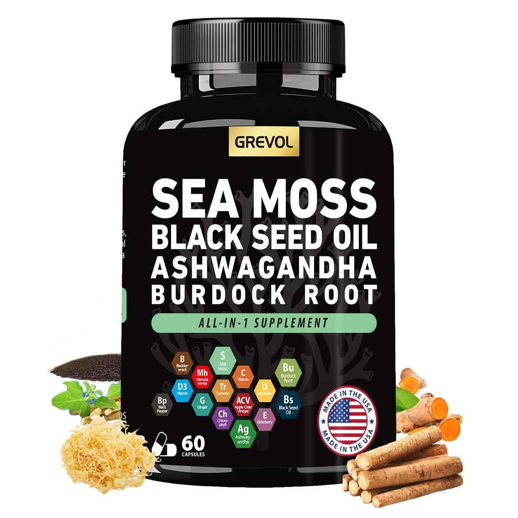 海摩斯黑种子油 Ashwagandha Bladderwrack Burdock 根图尔克和维生素C D3 长老莓 ACV 黑辣椒 - 多矿物质补充品 - 60 Counter