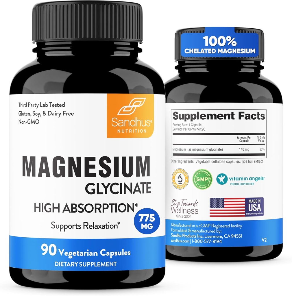Sandhu的高级吸收镁Glycinate 775mg |140mg 元素镁Capsules |90 计数,90天供应 Support支持休眠与肌肉健康 |Pure,非GMO和Gluten Free
