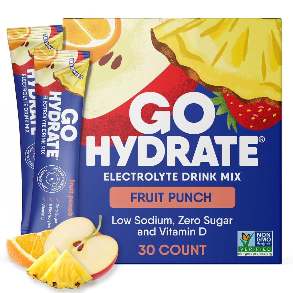 GoHydrate 即时水分粉包 - 低钠电解质 饮料混合 - 天然水分支持,无糖电解质 火药饮料 维生素D,30 Packs,水果扑克