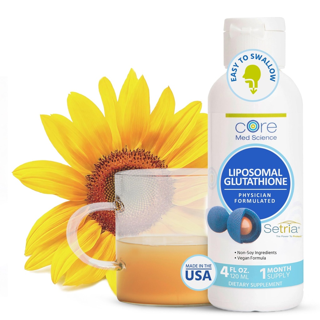 核心医疗科学 Liposomal Glutathione 液体补充剂(500mg, 4 Fl Oz) - 纯减缩Setria 与磷脂复合剂 - 抗氧化剂 能源、脑健康、皮肤和肝脏健康补充剂