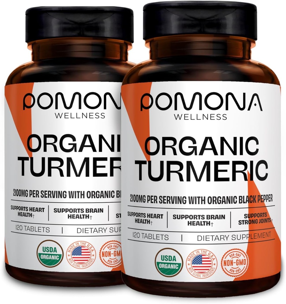 Pomona Wellness Organic Turmeric Supplement 2100 mg, USDA Organic, Non-GMO, Vegan, Turmeric Curcumin with Black Pepper for Absorption, for Joint Support and Immunity, 240 Tablets (2 Pack)