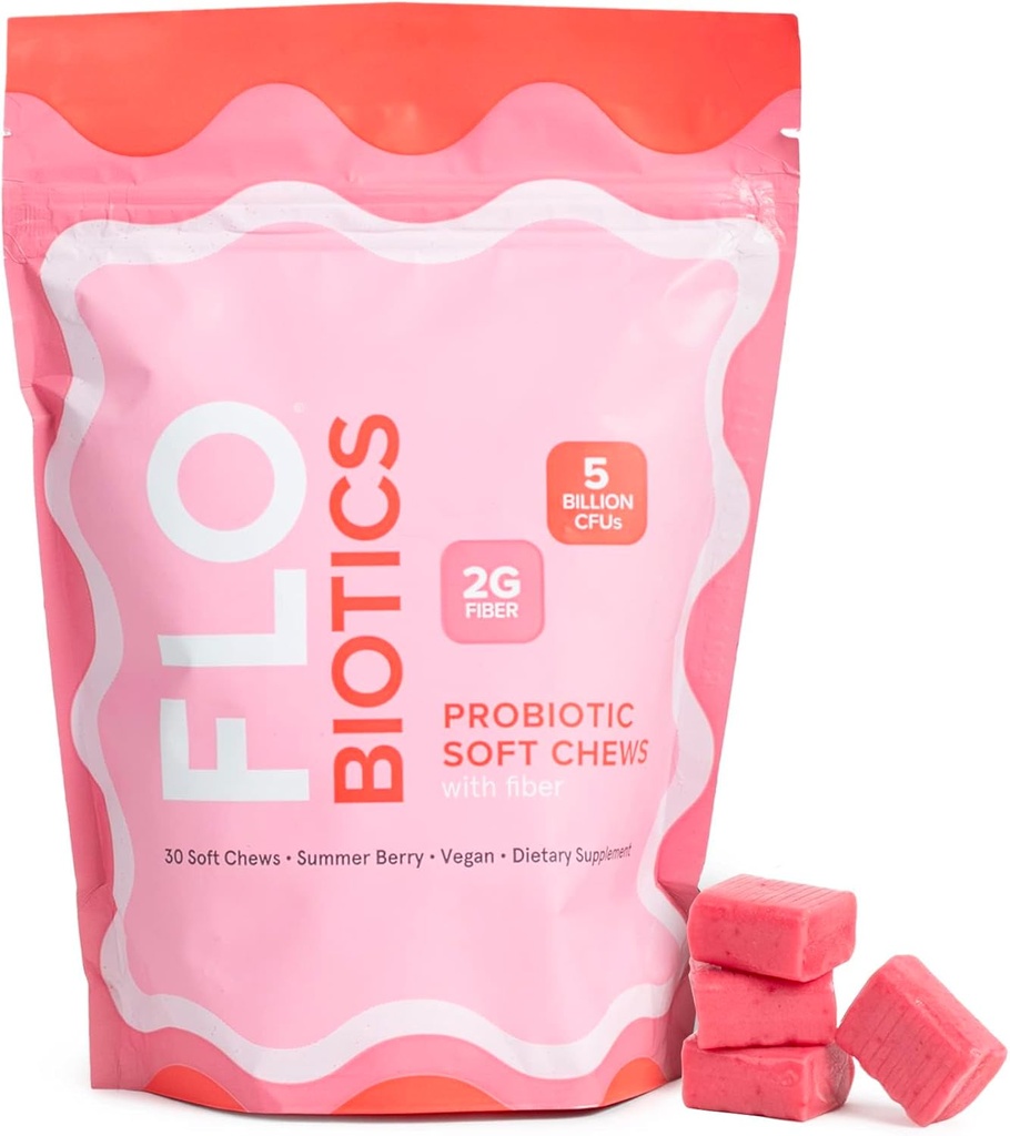 FLO-Biotics Probiotic Soft Chews for Digestive Health, Healthy Gut Flora & Occasional Constipation Relief – Vegan Digestive Health Probiotic Gummies Gut Supplement Berry Flavor - 30 Count (Pack of 1)