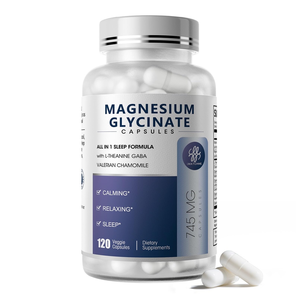 甘油镁 850mg Capsules 配有 L-Theanine, Chamomile & GABA 睡眠, 平静, 肌肉, Bone 健康与免疫支持, 男女镁, Vegan, 高吸附, 120 计数