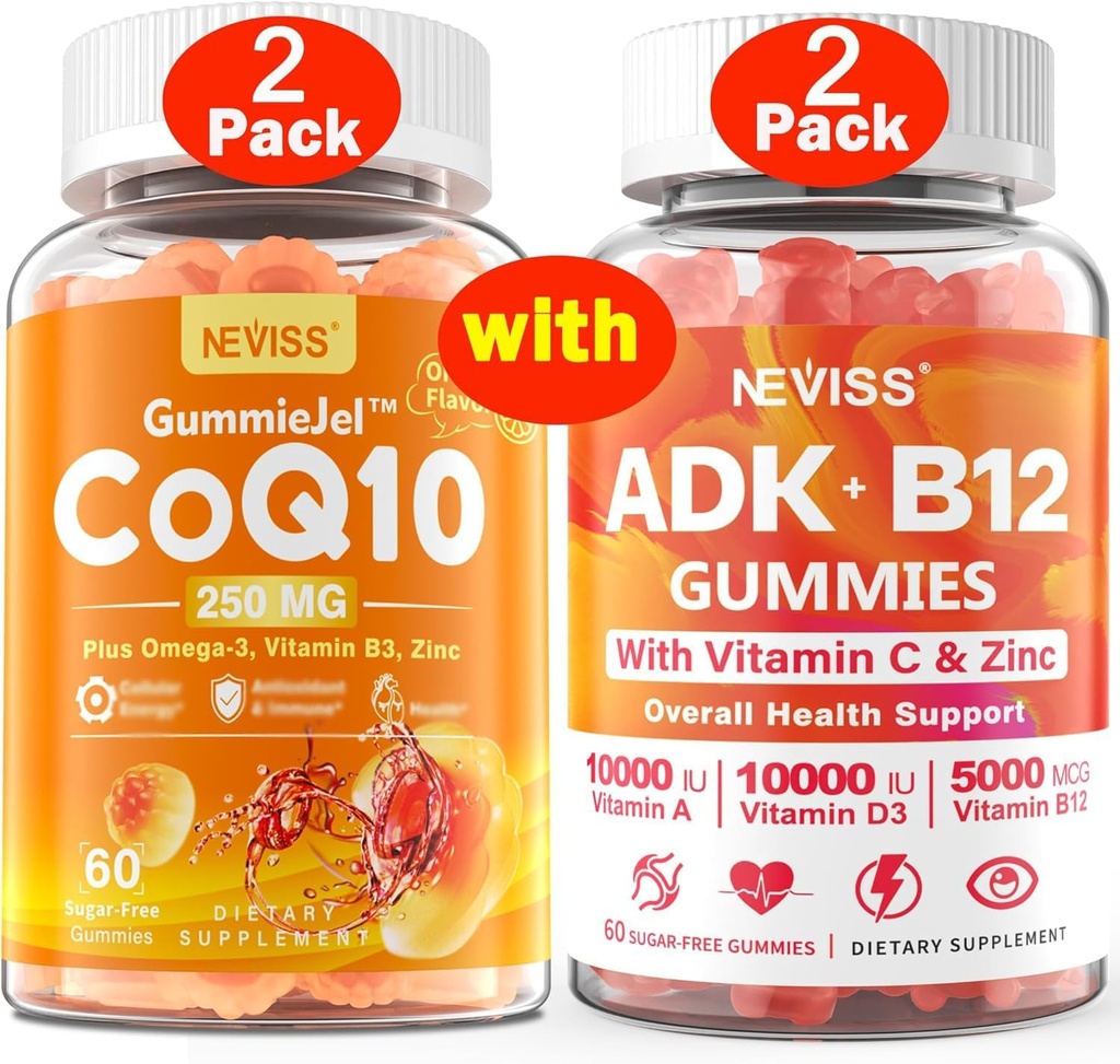NEVISS 2Pack CoQ10-250mg 填充Gummys + 2Pack Vitamin ADK 用B12 Gummys 填充