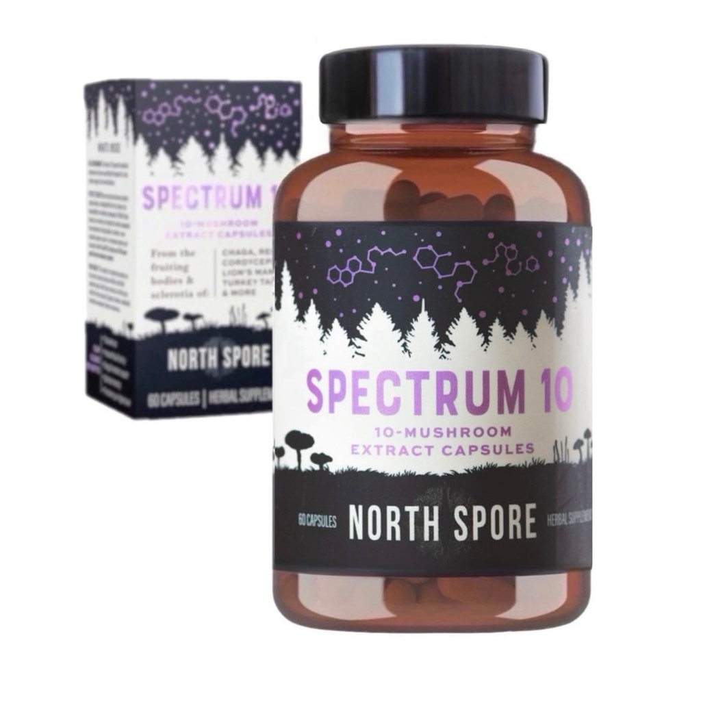 北 Spore 有机'Spectrum 10' 高潜力蘑菇 Capsules | 认知补充 | 狮子的马内 查加 科迪塞普斯 瑞希 土耳其 Tail | 10 Medicinal蘑菇 | 能源 聚焦 明亮 - 60ct
